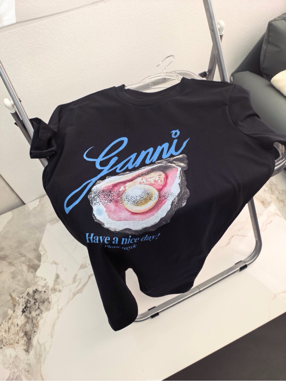 Ganni Black Tee with Blue Script and Multicolor Oyster Graphic - Picture 4 of 7